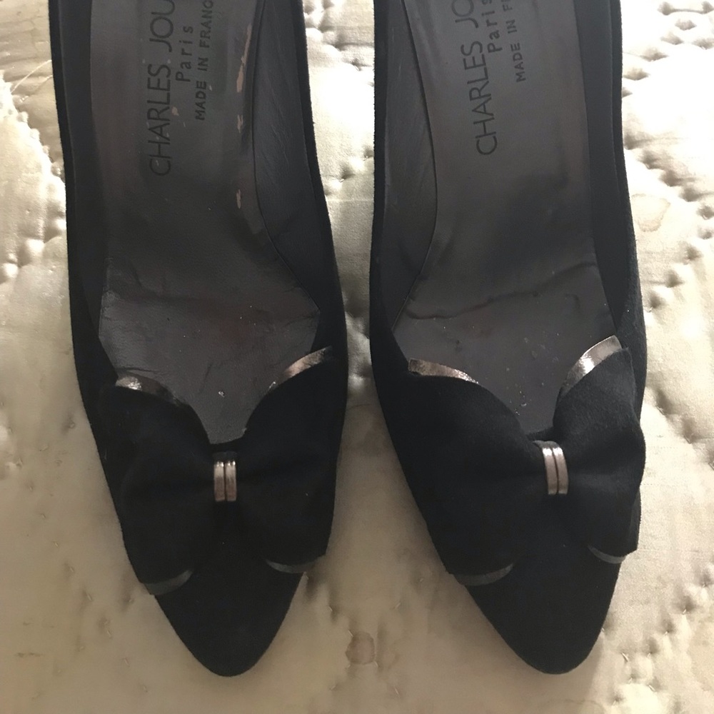 Black suede Charles Jordan shoes with metal Bo edges